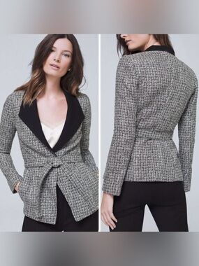 White House Black Market Black/gray Tweed Belted Jacket size 6